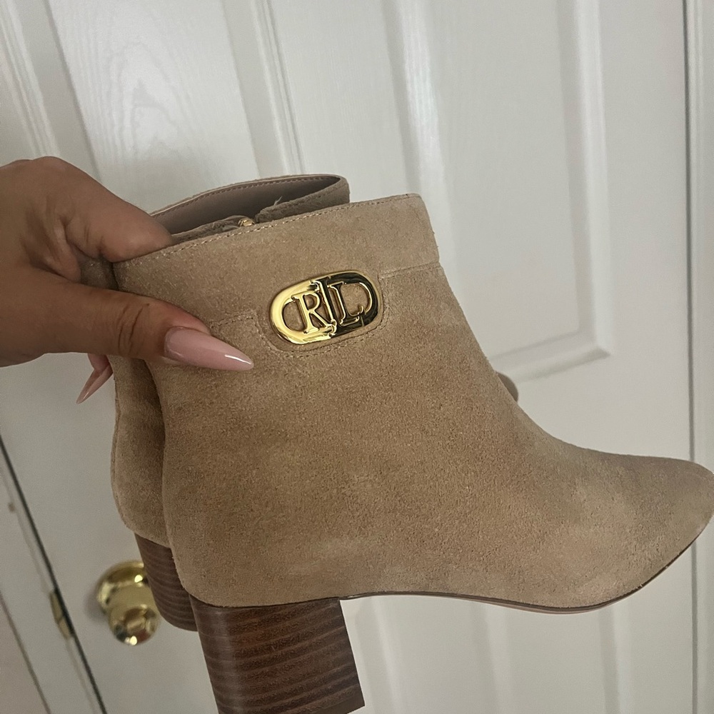 Ralph Lauren Beige Suede Ankle Booties with Gold Accent